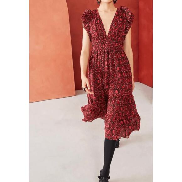 Ulla Johnson Anika Ruffle Midi Dress Red Fuchsia Dress Floral 10 Silk - Picture 1 of 11